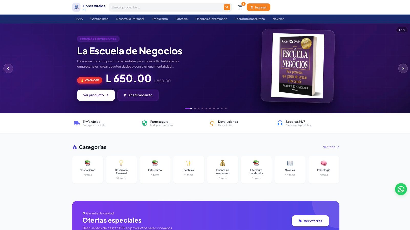 Tienda de Libros Virales HN con catálogo, carrito y categorías